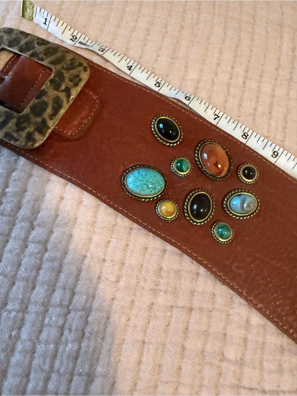 Brown Leather Wide Belt with Multicolor Stone Accents - Picture 4 of 10